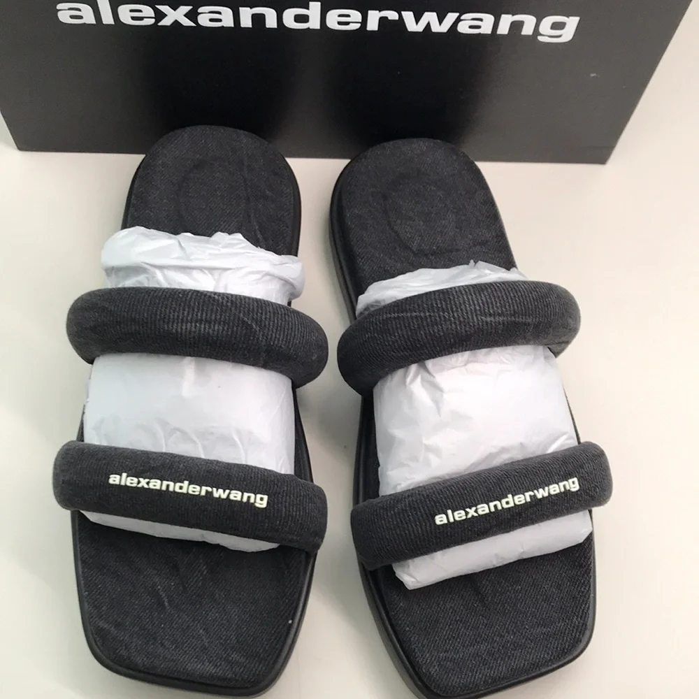 New Authentic Alexander Wang Women’s Jay Flatform Slides – Grey Denim